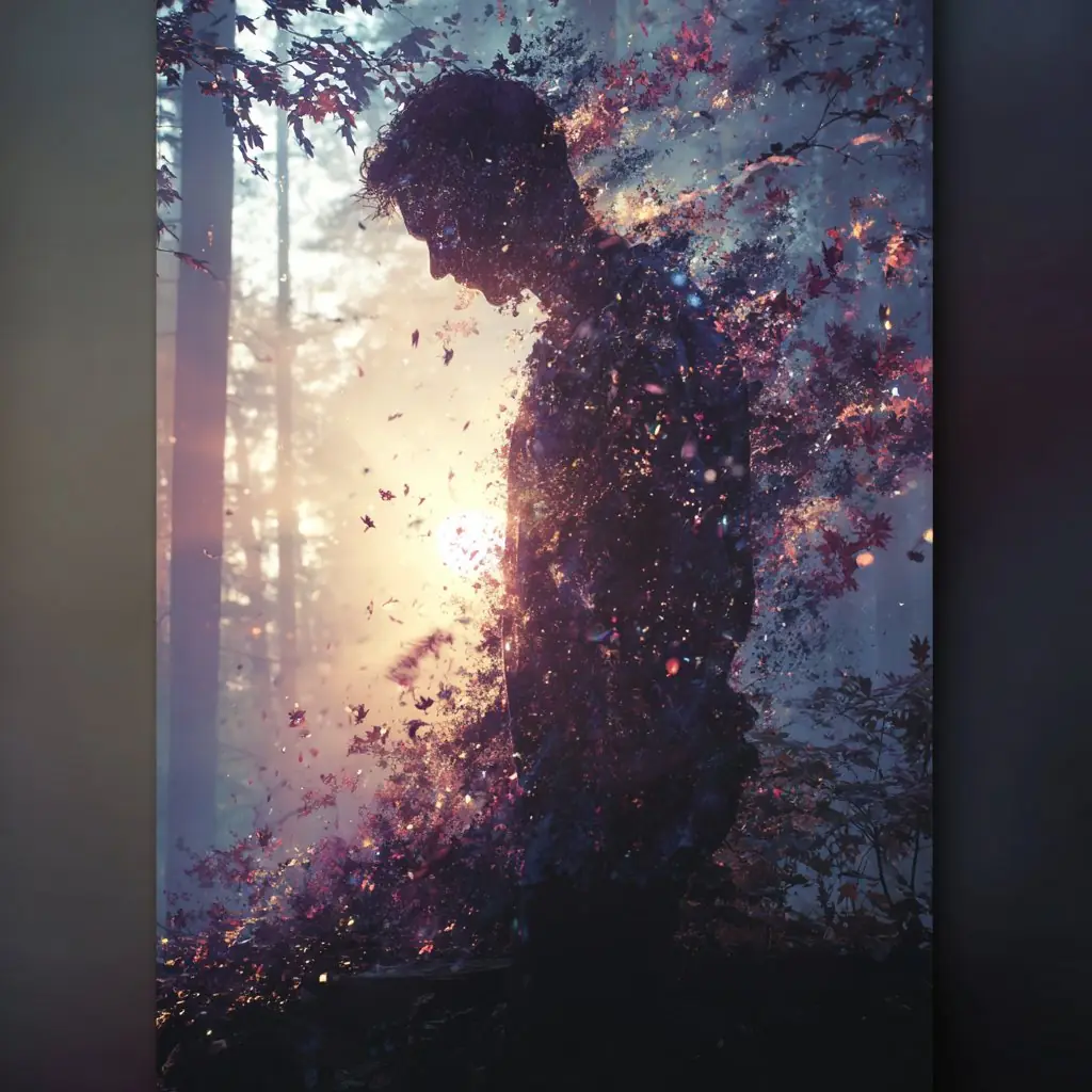 Persona disolviéndose en luz de bosque — símbolo de transformación