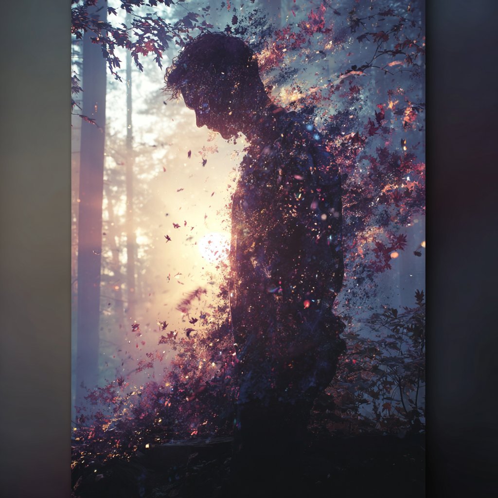 Persona disolviéndose en luz de bosque — símbolo de transformación